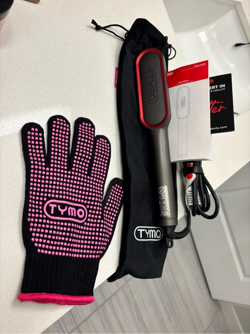 TYMO Pink & Black Hair Straightening Brush with Heat-Resistant Glove